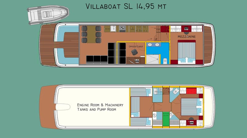 Een gedetailleerde plattegrond van een Villaboat SL 14,95 MT, met twee dekken en een bijboot.