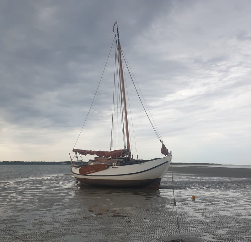 Een witte zeilboot met een bruine romp en mast staat op een zandbank onder een bewolkte hemel. — Vollenhovense Bol 8.10