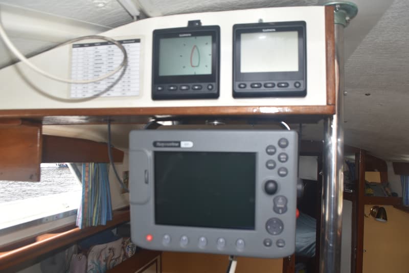 Drie navigatieschermen, waarvan twee Garmin en één Raymarine, zijn gemonteerd onder het plafond van de boot.