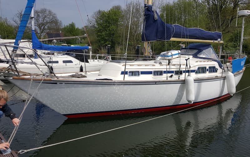 Een witte zeilboot met een blauwe streep en rode antifouling ligt aangemeerd, met een blauw zeilhuik en buiskap.