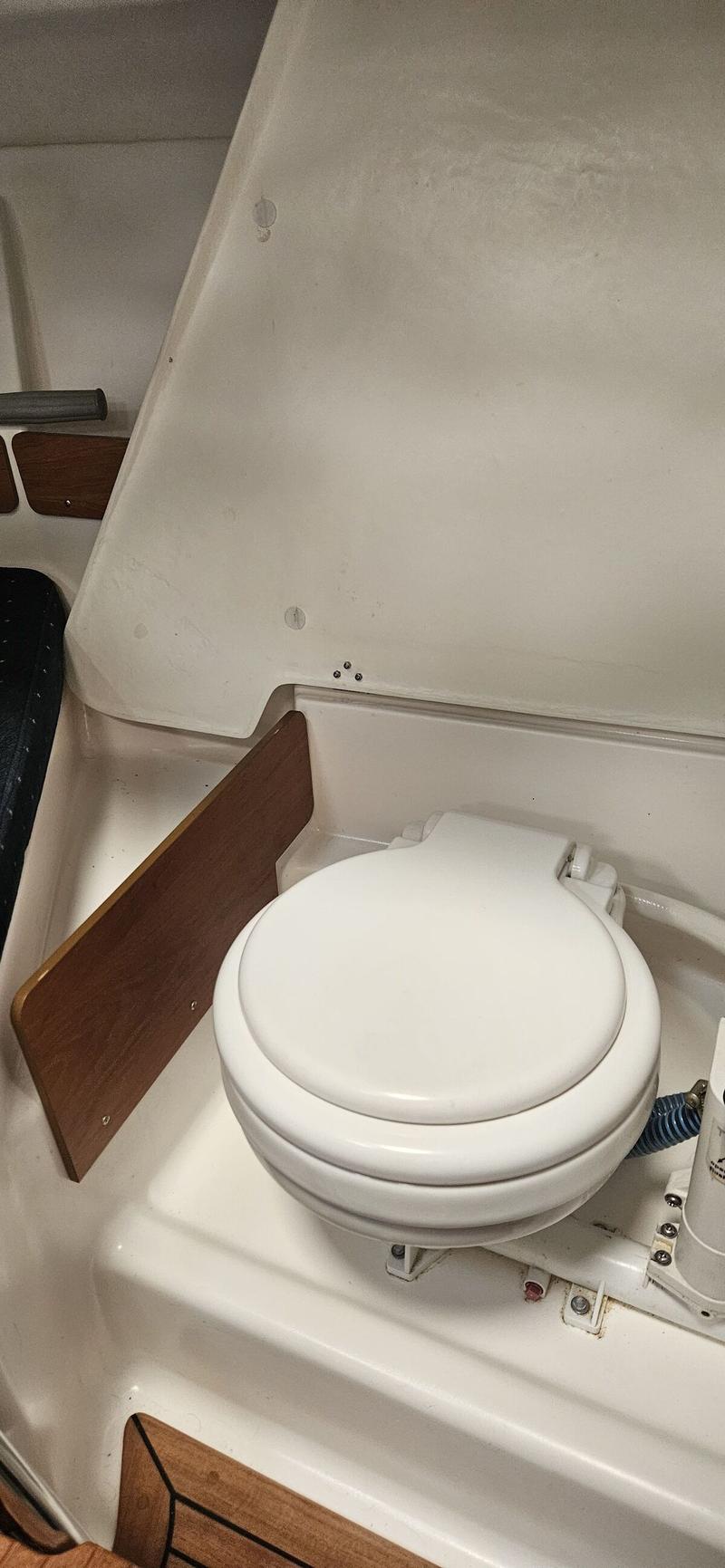 Een witte scheepstoilet met gesloten deksel is zichtbaar, omringd door witte wanden en een houten paneel.