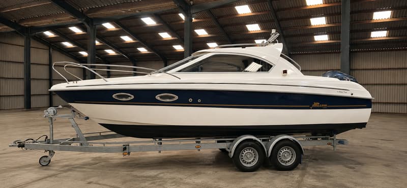 Een witte boot met een donkerblauwe streep en de naam "YAMARIN" staat op een dubbelassige trailer in een loods. — Yamarin 68C
