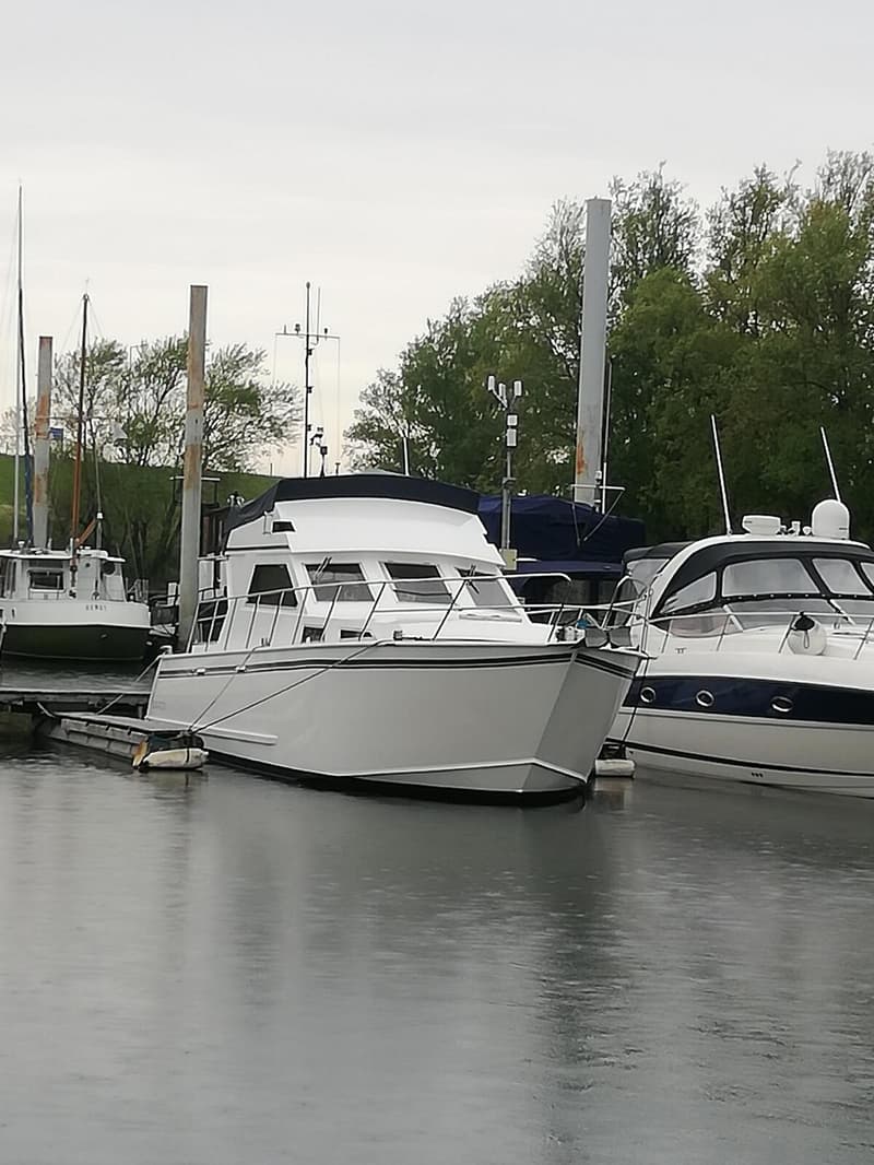 Een witte motorboot met een zwarte streep en een zwarte kap ligt aangemeerd aan een steiger, met andere boten en bomen op…