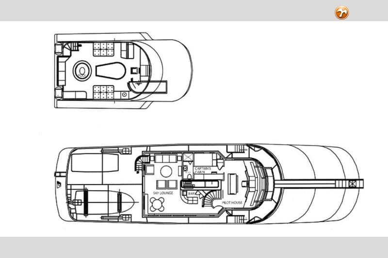 Een zwart-wit schematische tekening van de plattegronden van een boot, met een bovenaanzicht en een dekplan. — Sterling 44