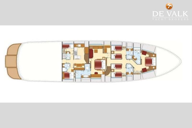 Een bovenaanzicht van een bootplattegrond met meerdere slaapkamers, badkamers en een keuken.
