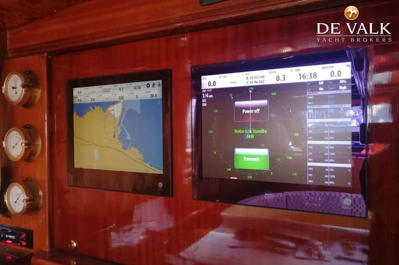 Twee schermen met navigatie-informatie en drie ronde meters zijn gemonteerd in een houten paneel.