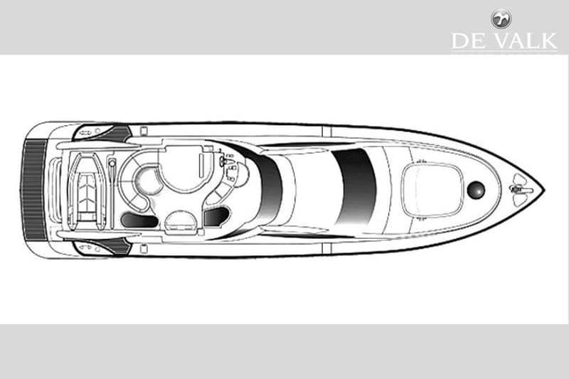 Een bovenaanzicht van een boot, getekend in zwart-wit, met het logo "DE VALK" rechtsboven. — Azimut 68 Plus