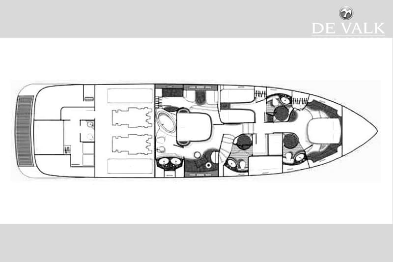 Een zwart-wit plattegrond van een boot met verschillende kamers en meubels, met het "DE VALK" logo rechtsboven.
