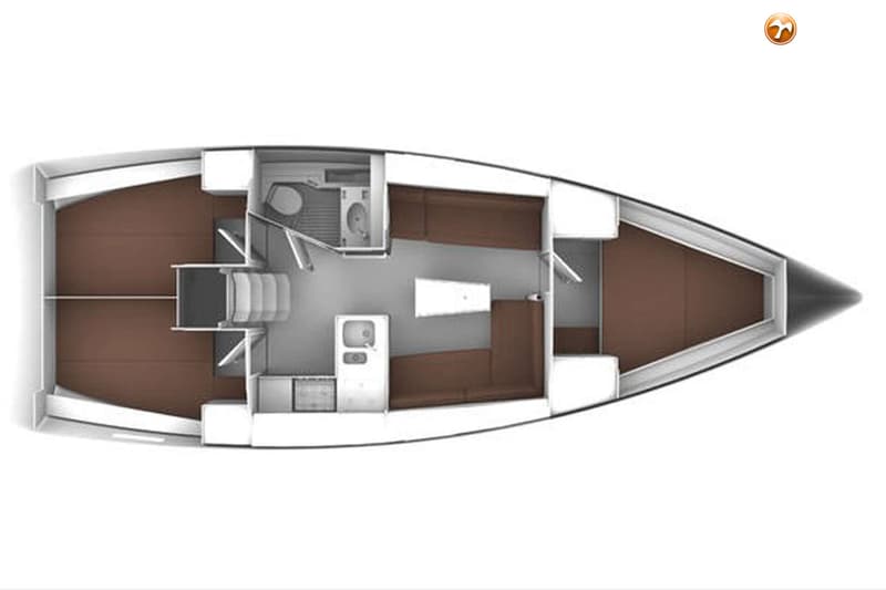 Een bovenaanzicht van een bootinterieur met een kajuit, twee slaapcabines, een badkamer en een kombuis. — Bavaria 37 Cruiser