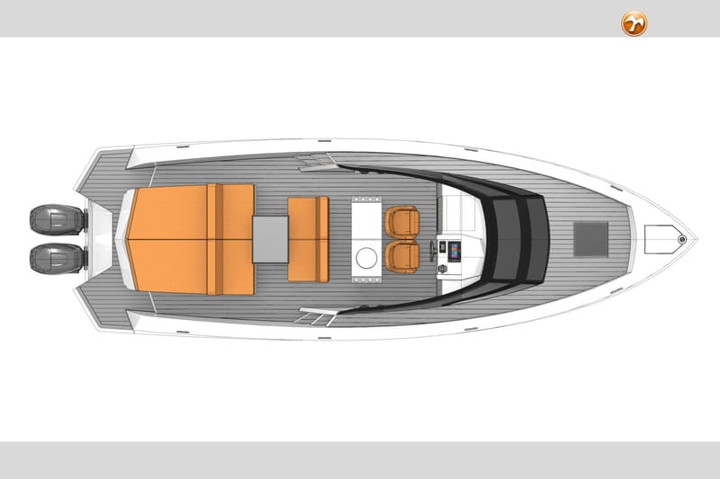 Een bovenaanzicht van een boot met twee buitenboordmotoren, oranje zitplaatsen en een stuurconsole. — Salut 38