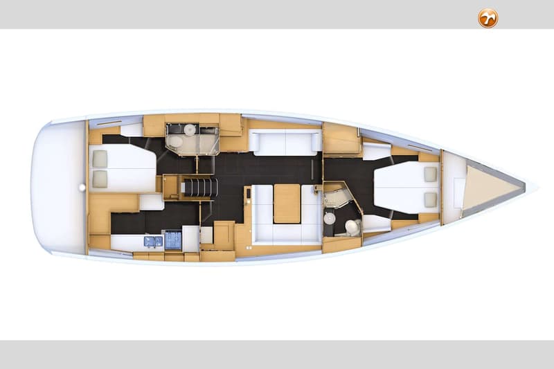 Een bovenaanzicht van de indeling van een boot met meerdere hutten, badkamers, een kombuis en een salon. — Jeanneau 54