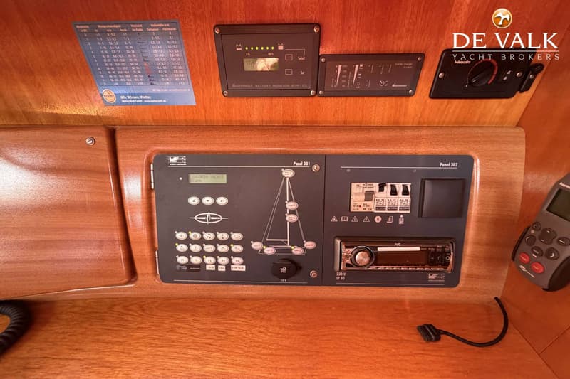 Een houten paneel met diverse navigatie- en bedieningspanelen, waaronder een batterijmonitor, een schakelpaneel en een radio.