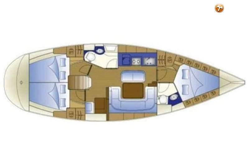 Een bovenaanzicht van een bootinterieur met twee slaapcabines, twee badkamers, een kombuis en een salon.