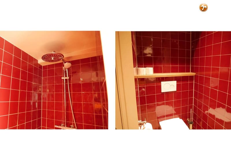 Een badkamer met rode tegels, een douchekop, een toilet en een houten plank met toiletpapier.