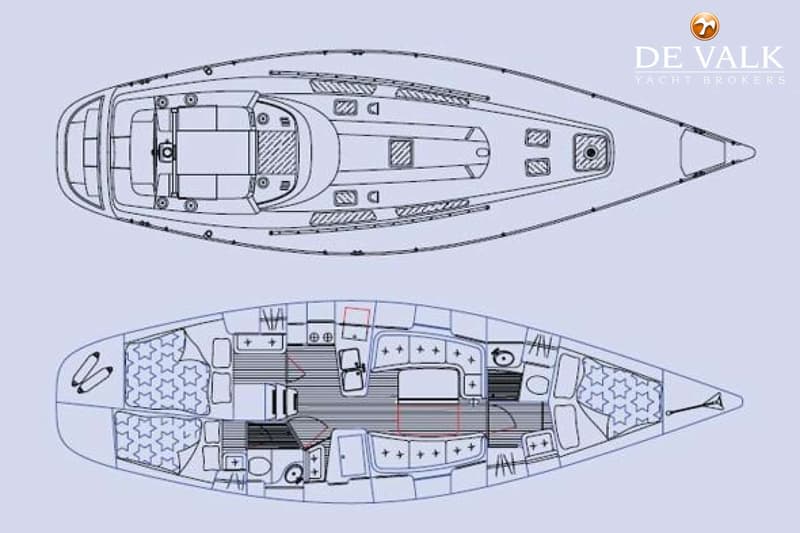 Een blauwdruk van een boot met twee bovenaanzichten, één van het dek en één van de indeling van de kajuit. — Comfortina 42
