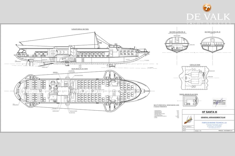 Een gedetailleerde technische tekening van een boot, genaamd HF SANTA III, met verschillende doorsneden en plattegronden.