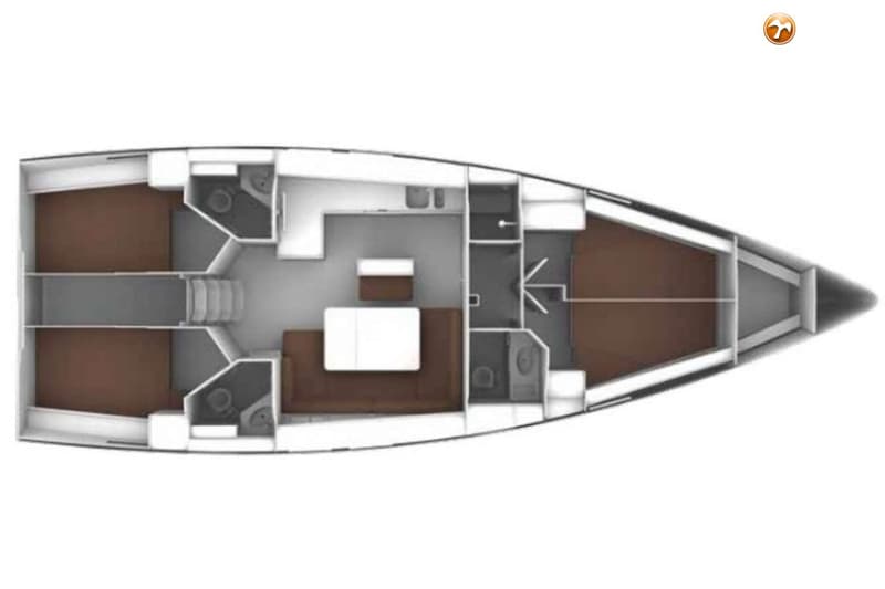 Een bovenaanzicht van een bootinterieur met meerdere hutten, badkamers en een centrale leefruimte.