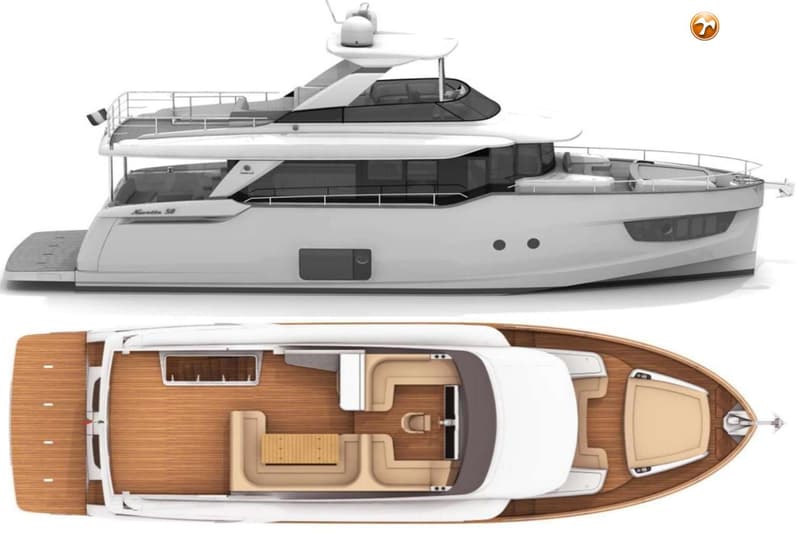 Een witte motorjacht met twee dekken en een houten dekplan, met de naam "Navetta 58" op de zijkant.