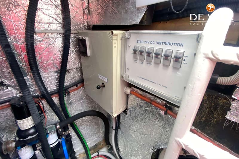 Een detailfoto van een bootinterieur met een elektrisch paneel, kabels en leidingen.