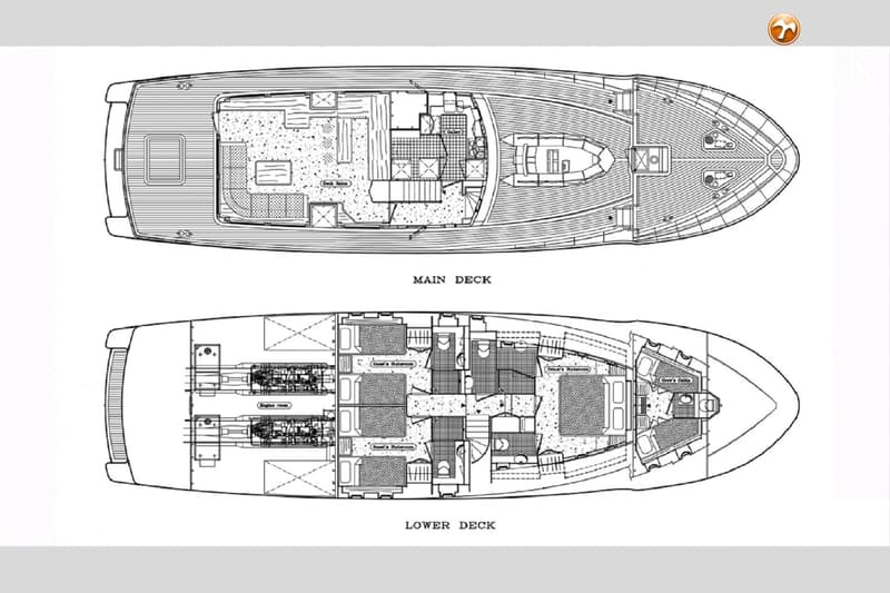 De afbeelding toont twee gedetailleerde plattegronden van een jacht, met de aanduidingen "MAIN DECK" en "LOWER DECK".