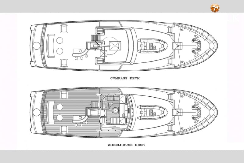 De afbeelding toont twee bovenaanzichten van een boot, met de labels "COMPASS DECK" en "WHEELHOUSE DECK".