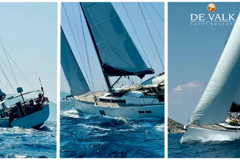 Drie foto's van zeilboten op het water, met het logo van "DE VALK YACHT BROKERS" rechtsboven. — Hanse 545