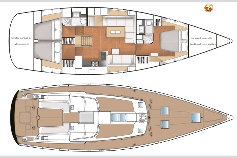 Een gedetailleerde plattegrond van een boot, met zowel de indeling van het interieur als het bovendek. — Hanse 545