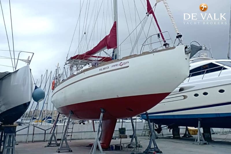 Een witte zeilboot met rode romp en kiel staat op bokken op de wal, met de naam "PANGEA" op de zijkant.