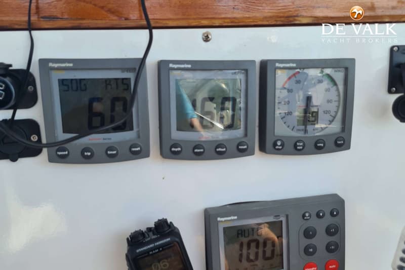 Drie Raymarine meters, een Standard Horizon RAM 4 en een Raymarine display zijn zichtbaar op een wit paneel.