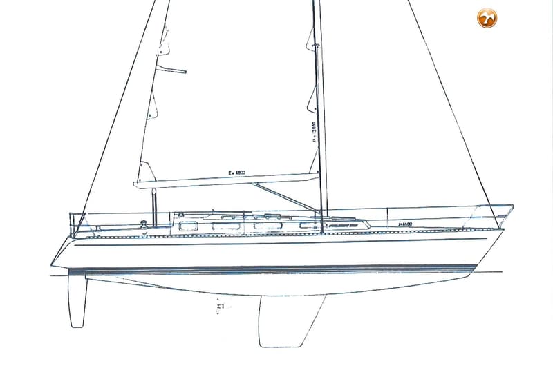 Een blauwdruk van een zeilboot met een kiel en roer, met afmetingen voor de mast en giek. — Faurby 396