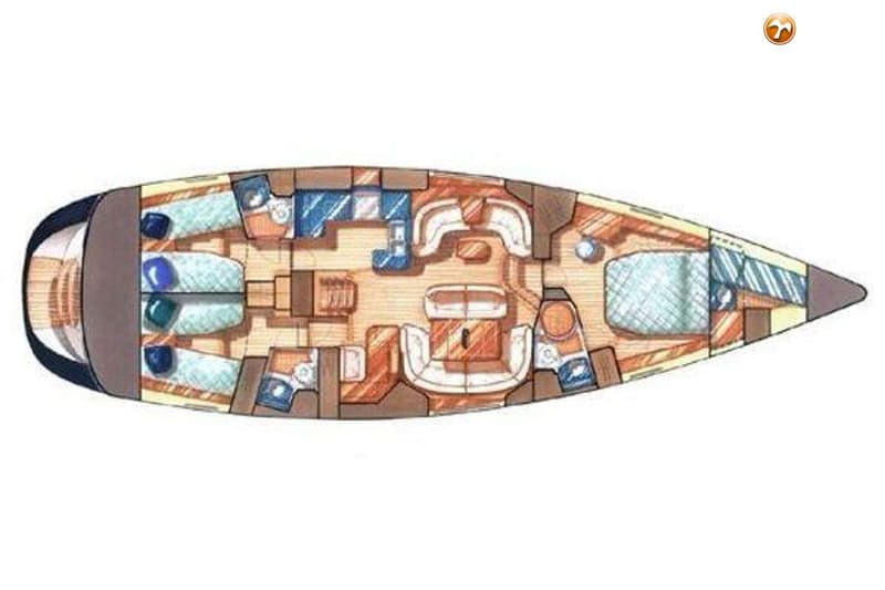 Een bovenaanzicht van een bootinterieur met meerdere hutten, een salon en badkamers.