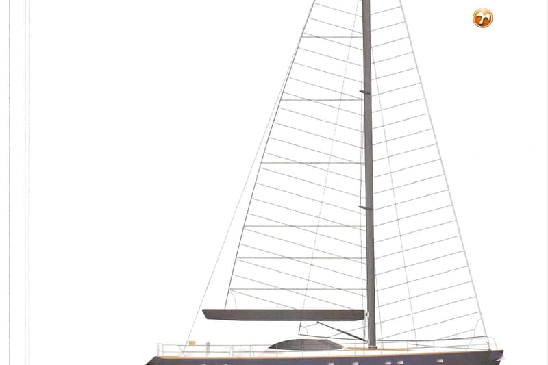 Een illustratie van een zeilboot met een donkerblauwe romp, een witte opbouw en een grootzeil en fok.