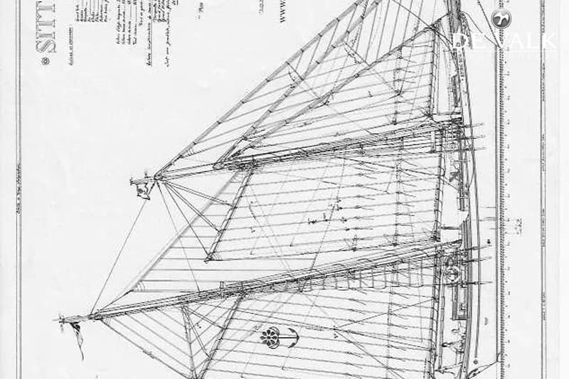 Een zwart-wit schematische tekening van een zeilboot, met de naam "SITTELIS" linksboven en een anker in het midden.