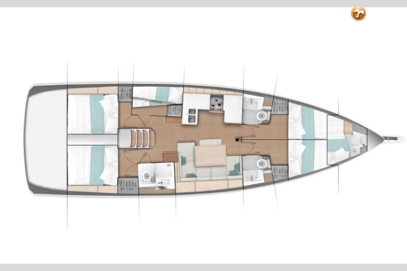 Een bovenaanzicht van een bootinterieur met vier slaapkamers, een keuken, een zithoek en drie badkamers.