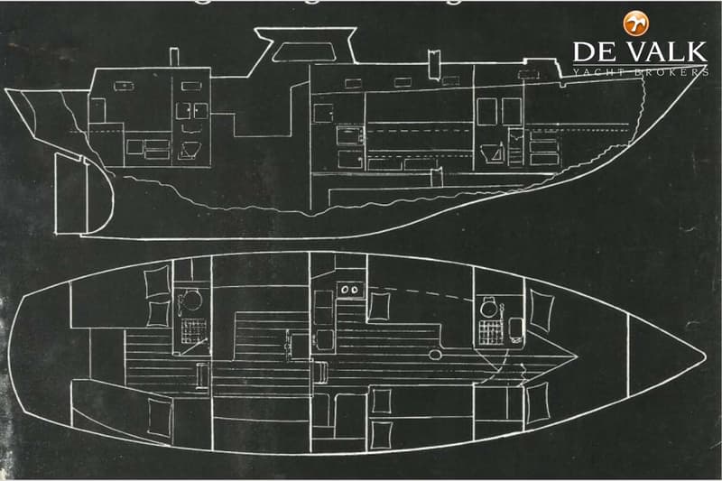 Een blauwdruk van een boot met twee doorsneden, waarop de indeling van het interieur en de romp te zien zijn.