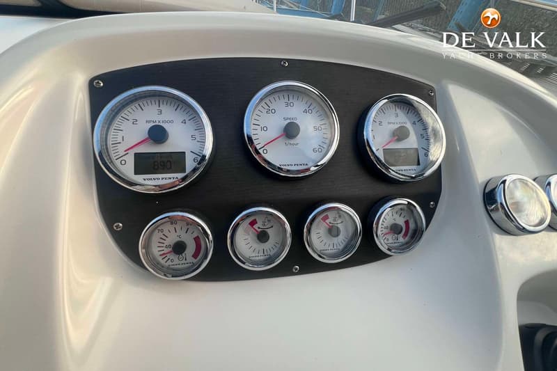 Een dashboard met zes ronde meters, waarvan drie grote en drie kleinere, op een donker paneel.