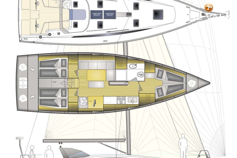 De foto toont een technische tekening van een boot met de plattegrond van het dek en de indeling van de kajuit.