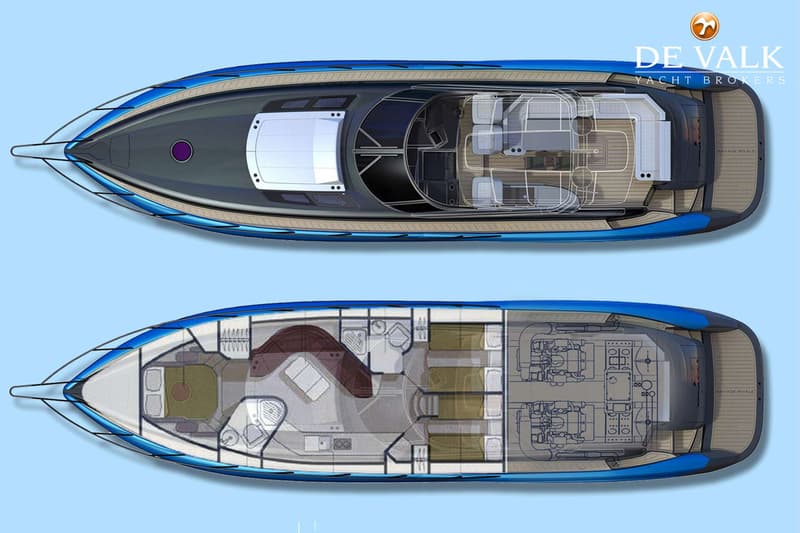 De afbeelding toont twee bovenaanzichten van een blauw-grijze motorboot, met een dekplan en een interieurplan.