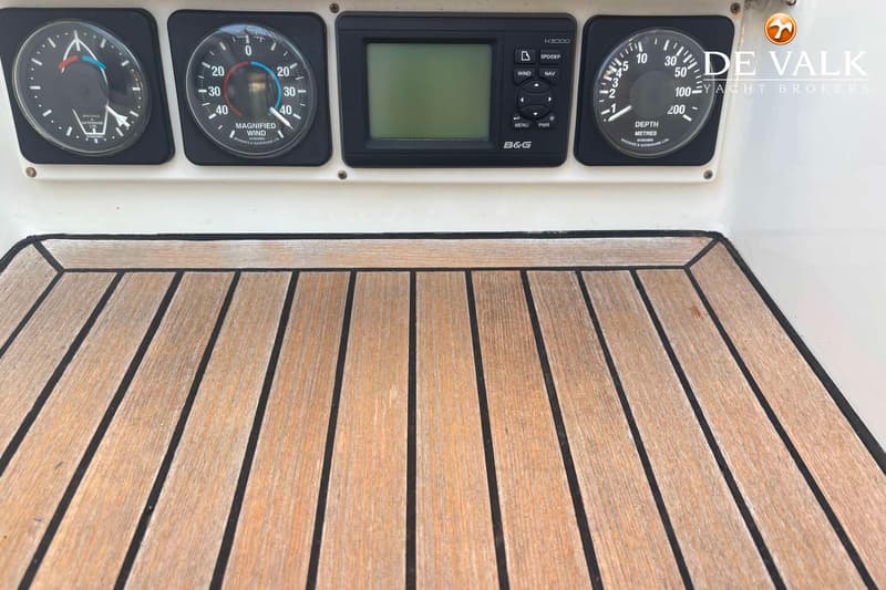 Drie analoge meters en een digitaal display van B&G zijn gemonteerd boven een houten vloer met zwarte naden.