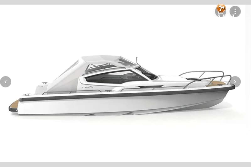 Een witte motorboot met een grijze romp en een kajuit met ramen, gezien vanaf de zijkant. — Nimbus W9