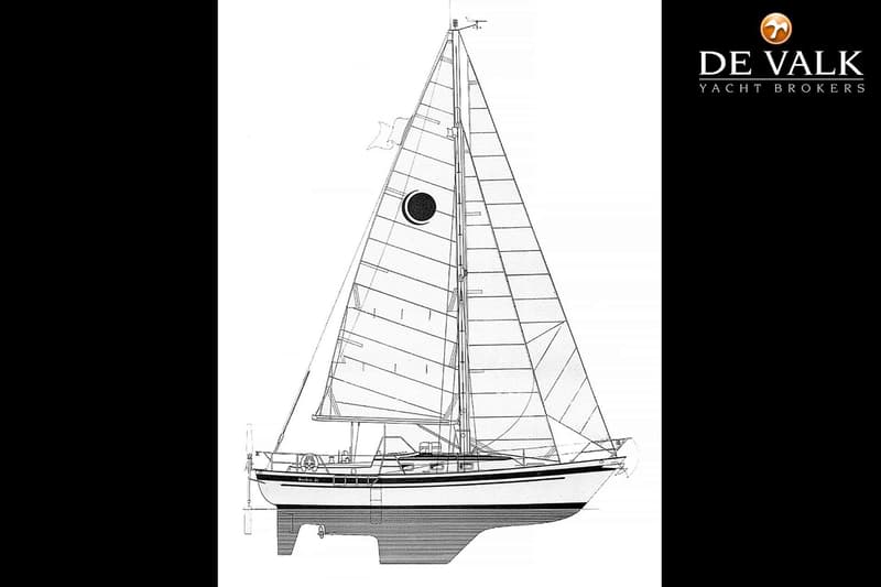 Een technische tekening van een zeilboot met een kiel en roer, met de tekst "DE VALK YACHT BROKERS" rechtsboven.