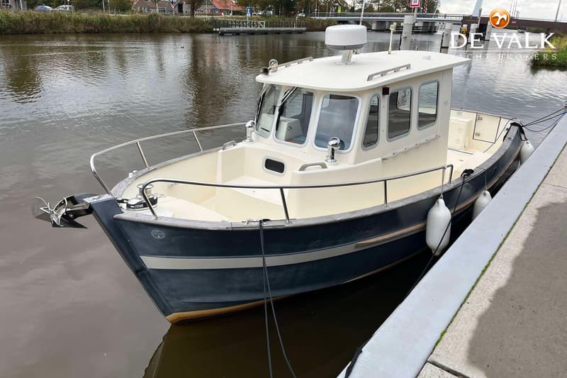Een blauw-witte motorboot met een kajuit en een anker aan de boeg ligt aangemeerd aan een kade. — Rhea Marine 750