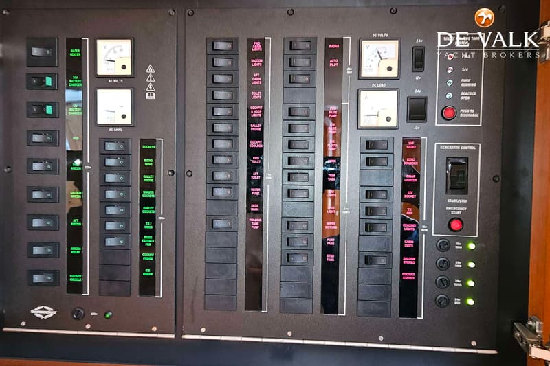 Een gedetailleerd elektrisch paneel met diverse schakelaars, meters en indicatielampjes.