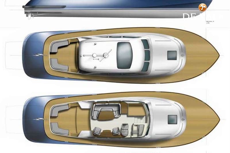 De afbeelding toont drie technische tekeningen van een boot: een zijaanzicht en twee bovenaanzichten met verschillende…