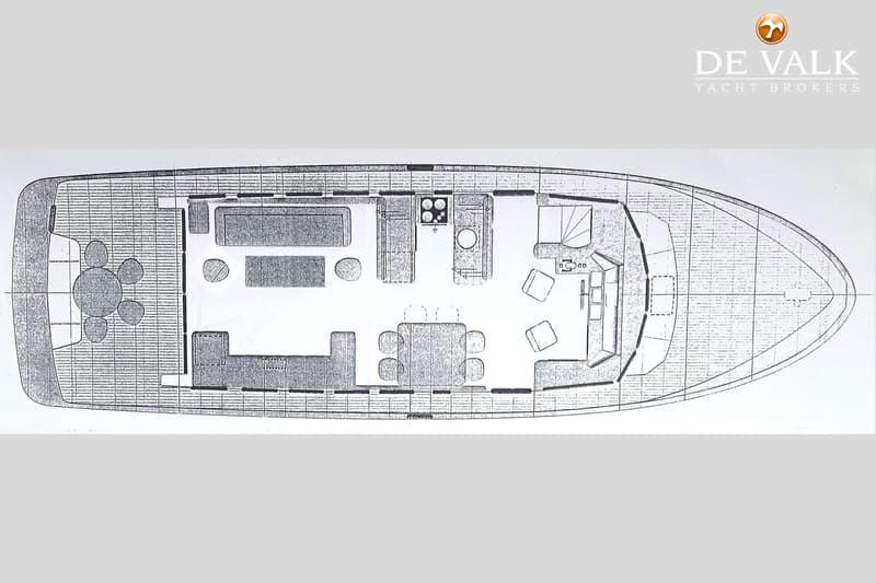 Een bovenaanzicht van een boot met een interieurindeling, inclusief meubels en keukenapparatuur. — Eurotrawler 1750