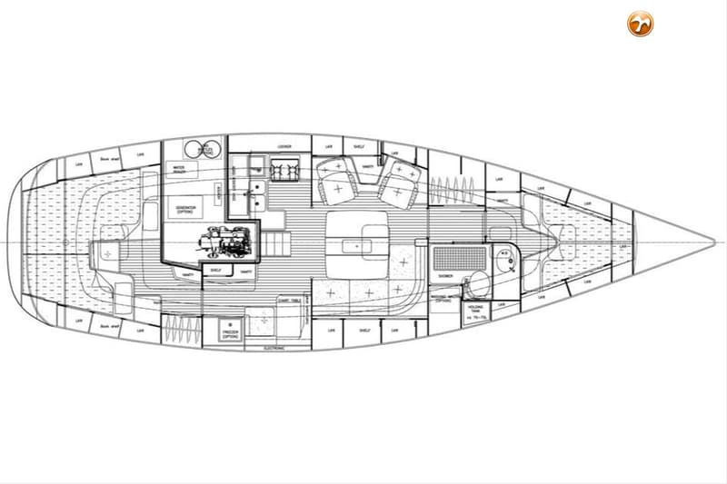 Een gedetailleerde plattegrond van een bootinterieur, met verschillende ruimtes en meubilair.