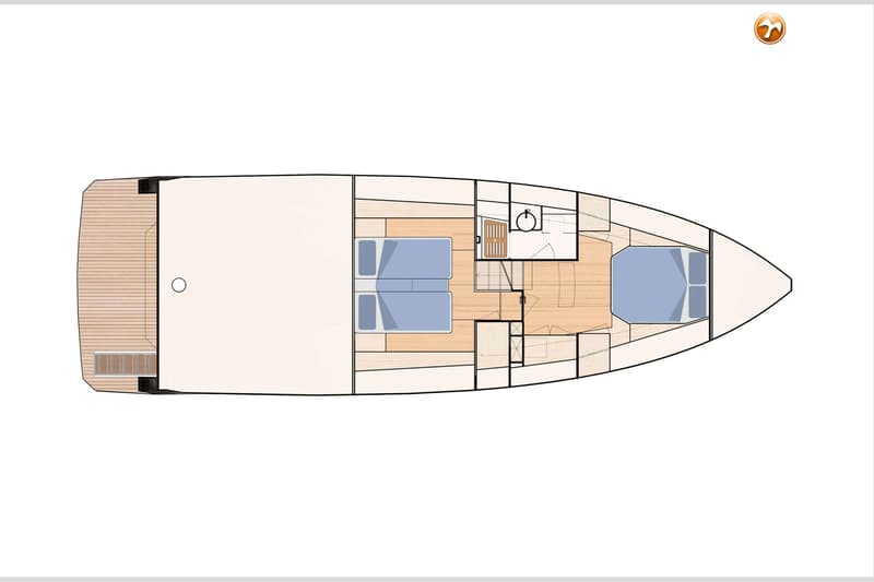 Een bovenaanzicht van een bootinterieur met twee slaapkamers, een badkamer en een achterdek.