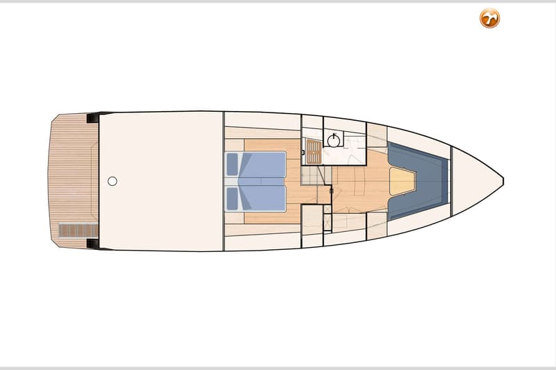 Een bovenaanzicht van een bootplattegrond met een hut, badkamer en een V-vormige zithoek.