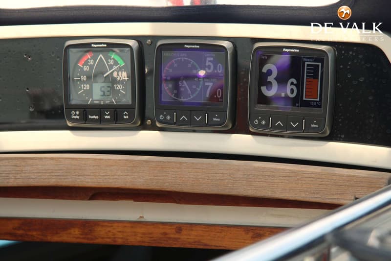 Drie Raymarine displays tonen windrichting, snelheid, diepte en watertemperatuur, gemonteerd boven een houten rand.