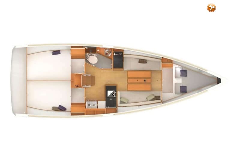 Een bovenaanzicht van de indeling van een boot met hutten, een kombuis, een salon en een badkamer. — Jeanneau Sun Odyssey 349